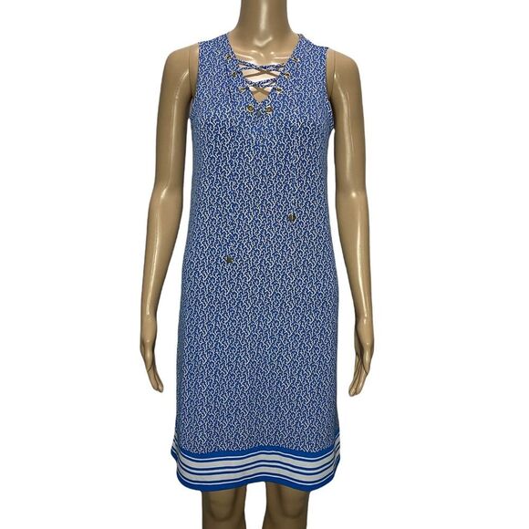 NWT Michael by Michael Kors Grecian Blue Cross V-Neck Knee Length Dress XS - Picture 1 of 8